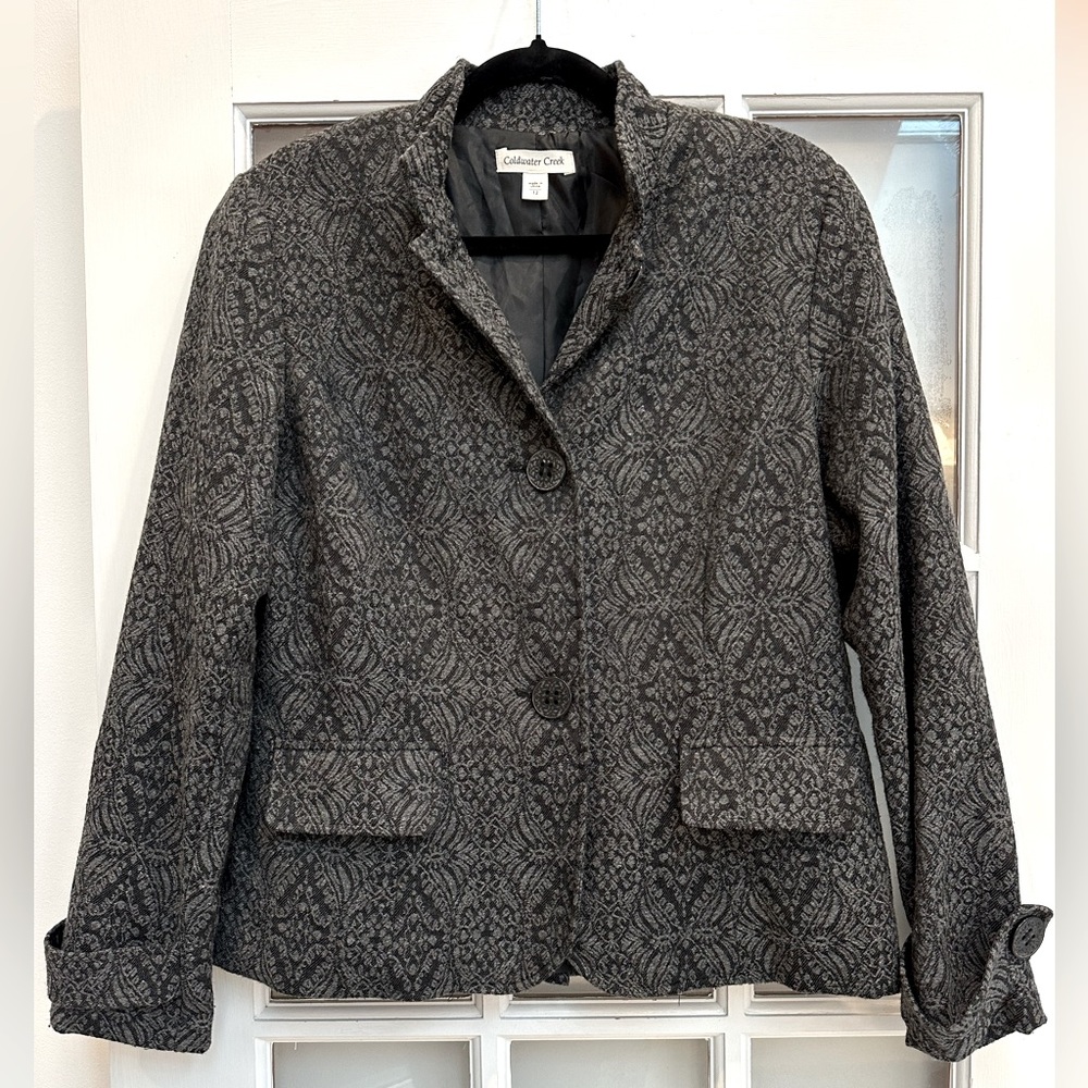 Coldwater Creek Black & Gray Wool Blend Chic Boho Damask Blazer Jacket Size 12 L